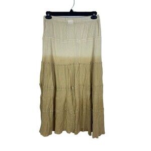 L’Affaire Radiant Beige Crinkle Cotton Tiered Skirt Boho Prairie Peasant Midi M